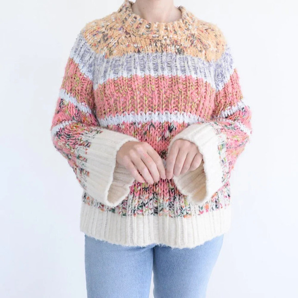 Anthropologie Kahlo Striped Pink & Cream Chunky Knit Crewneck Sweater S - Picture 2 of 12
